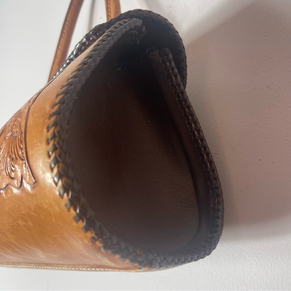 Vintage Brown Tooled Leather Purse Rhinestones Metal Clasp - Picture 8 of 16